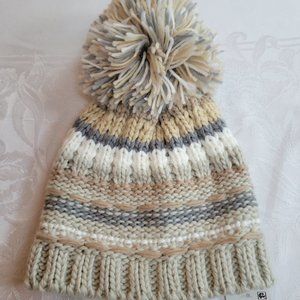 INC Chunky Knit Beanie Hat Grey, Ivory Taupe and Tan Pom Pom One Size